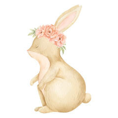 Bunny with flowers watercolor illustration. Hand drawn forest Hare with roses in pastel colors for Baby shower greeting cards or childish party invitations. Woodland Hare for kids. animal for nursery. © Alisles