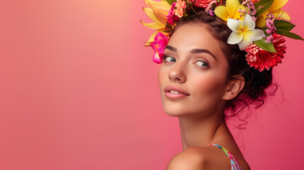 Beautiful woman wearing colorful floral headpiece on a light pink background. Copy space for text. 