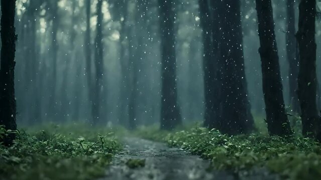 Raining in forest, ambient nature video, stock video, 4k animated seamless loop,  seamless looping overlay 4k virtual video animation background, rain ambience, seamless ambience, 4k raining ambience