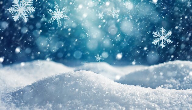 beautiful background image of small snowdrifts falling snow and snowflakes in white and blue tones