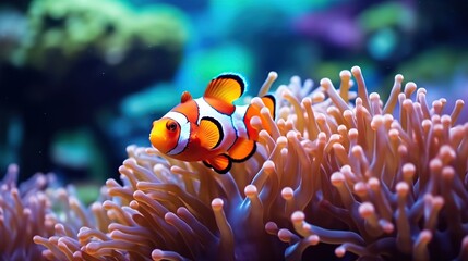 Naklejka na ściany i meble Beautiful clownfish with coral reef in the underwater sea. Concept of underwater life with beautiful view.
