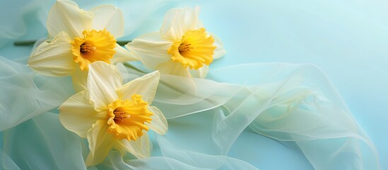 Fototapeta na wymiar Three vibrant yellow daffodils arranged on a soft pastel blue backdrop, adorned with a complementing yellow fabric. Ideal for use in cards, banners, or any celebratory design.
