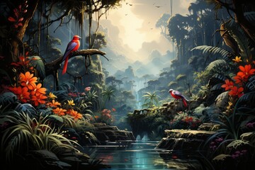a painting of a river in the jungle with birds and flowers