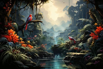 Fotobehang a painting of a river in the jungle with birds and flowers © Yuchen Dong