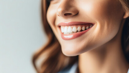 Obraz premium shot of flawless white teeth, sleeveless Caucasian woman, symbolizing beauty and dental care