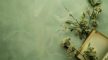 Open book decorated with flowers on a light olive background. Copy space for text. A new chapter concept.