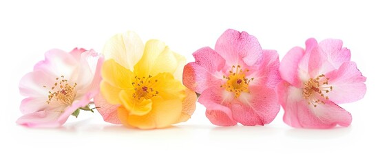 A group of four different colored flowers - vibrant pink, yellow, and rose - stand out against a clean white background. Each flower has unique characteristics, adding a pop of color and beauty to the