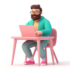 A man sits at a table and works at a laptop against a white background in 3D style
