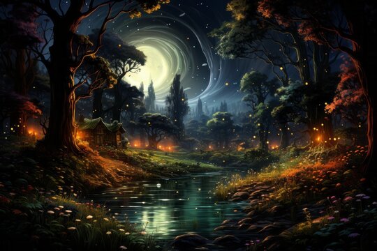 A scenic painting of a moonlit forest with a river under the night sky
