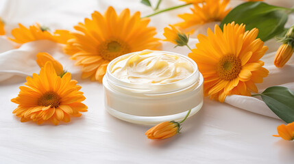 Fototapeta na wymiar Cosmetic jar of body care cream with extract of Calendula on a light background