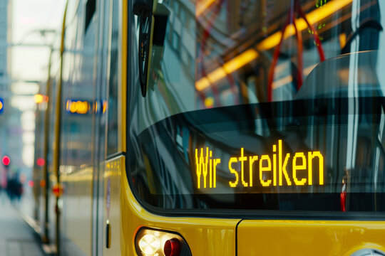 "Wir streiken" auf einem elektronischen Busdisplay in einem gelbe Bus w&auml;hrend eines Gewerkschaftsstreiks. Bedeckter Himmel in der Stadt.