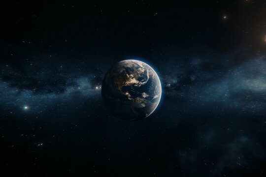 a panoramic image of Earth that highlights our position in the universe with the Milky Way galaxy in the background. 