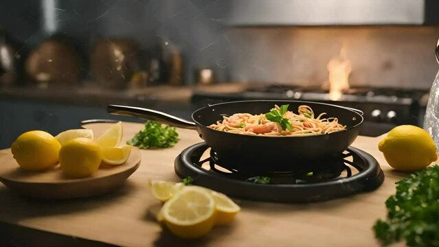 pasta with shrimps, pasta video, ood stock video, pasta video, festival food, seamless looping, 4k video looping, dinner stock videos, food recipes, youtube videos, stock ai, youtube recipes videos