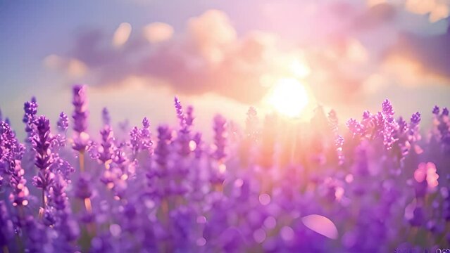 Smooth rows of lavender plants. Lavender blooming flowers bright purple field blue sky sunset. Last rays of sun. Lens flare. Lavender Oil Production. Aromatherapy Lavandin slow motion 4k video beauty