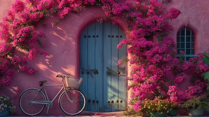 Türaufkleber Entrance to a pink house near which there is a flowering tree and a bicycle  © Olya Fedorova