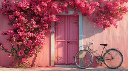 Entrance to a pink house near which there is a flowering tree and a bicycle
 - obrazy, fototapety, plakaty