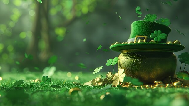 St Patricks Day Pot of Gold, hat and shamrocks over a green background
