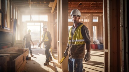 Craftsman and carpenter working on construction site at new house