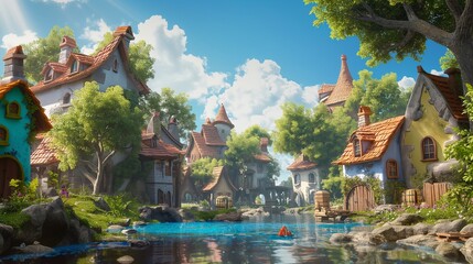 A medieval village with a twist of magic, where villagers use enchanted tools for their daily tasks, set against a backdrop of floating islands. 8k - obrazy, fototapety, plakaty