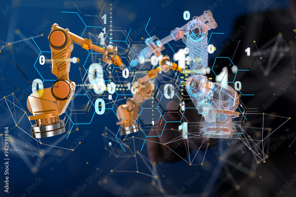 Poster Neural network 3D illustration. Big data and cybersecurity - neural network exposure digital