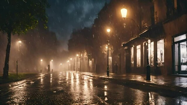beautiful rainy day on alley in the night illustration 4k animated seamless loop,  seamless looping overlay 4k virtual video animation background, rain ambience, seamless ambience, 4k raining ambience