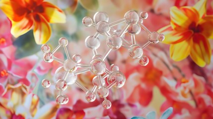 A molecular structure of a transparent fragrance compound, set against a floral patterned background, illustrating the chemistry of scents and perfumery. 8k