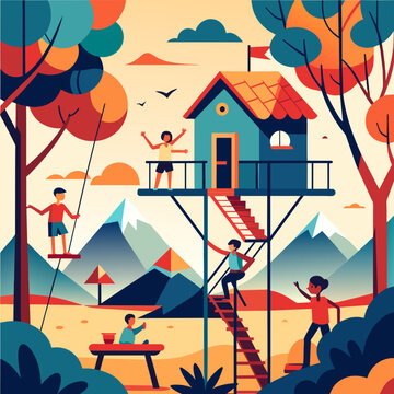 Playful scenes from childhood, like a treehouse or playground. vektor illustation