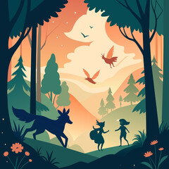 Whimsical outlines of fairytale creatures frolicking in a forest. vektor illustation