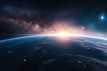 A panoramic view highlighting the thin layer of Earth's atmosphere, the boundary between our planet...