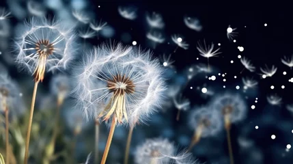 Fotobehang Beautiful dandelion seeds on a dark for spring and summer wide concept background © Alpa