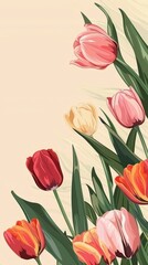 Stylized illustration of a bouquet of tulips, featuring a spectrum of red to pink hues against a pastel background for a charming vintage feel.