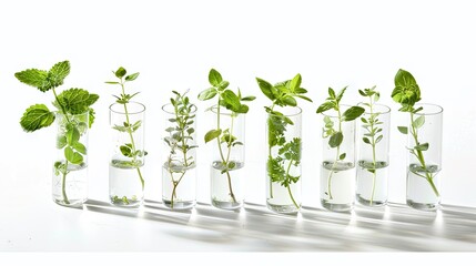 Fototapeta na wymiar Test tubes with small plants, isolated on white for scientific exploration.