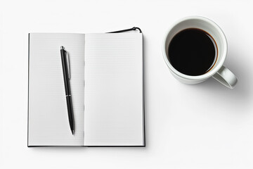 Notebook with pen and cup of coffee on white background, top view. Generative Ai