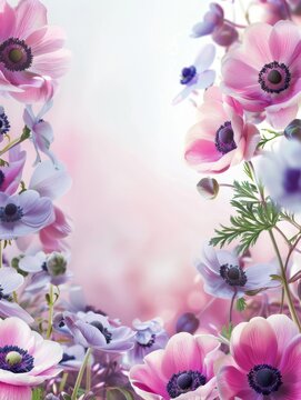 Soft pastel anemones bloom in harmony, creating a dream-like state with their subtle hues and delicate arrangement. This image is a celebration of floral subtlety.