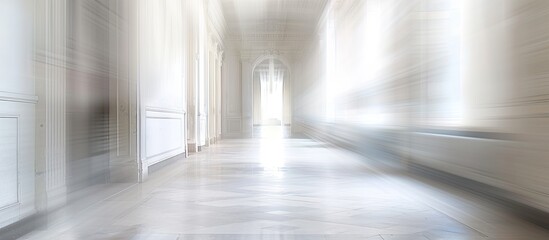 A blurred hallway in a building, with white walls and doors barely visible. The photo conveys a sense of movement and mystery as someone walks down the corridor.