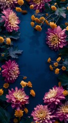 Fototapeta na wymiar Deep purple and golden chrysanthemums dance elegantly on a rich midnight blue background. The contrast of warm and cool tones evokes a mysterious, yet inviting garden scene.