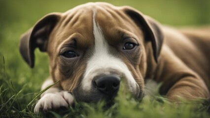 american staffordshire terrier Staffordshire Terriers Bull puppy sleeping on the lawn 