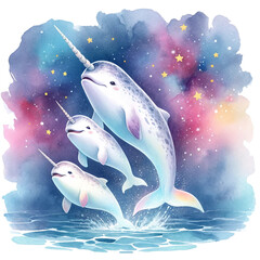 Watercolor Narwhal Family Leaping Out of Water Set Against a Cosmic Background.