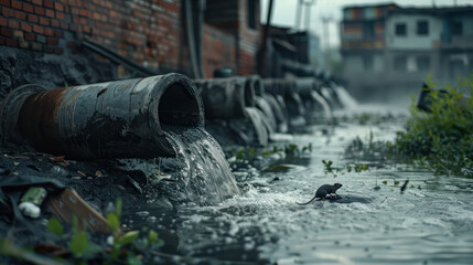 The city's sewage pipes had water flowing out of them A rat was standing at the mouth of the pipe - obrazy, fototapety, plakaty