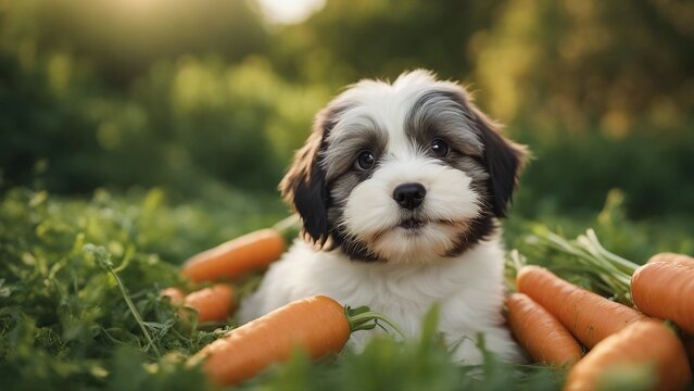 puppy in a grass A happy Havanese puppy with a comical expression, sitting in a field of oversized carrots  