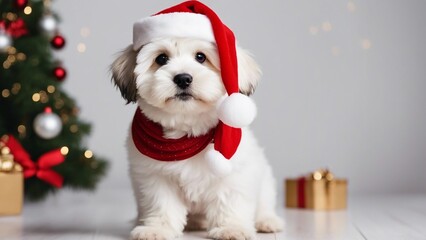 dog in santa hat Cute sitting Bichon Havanese puppy dog in Christmas - Santa hat. on a white background 