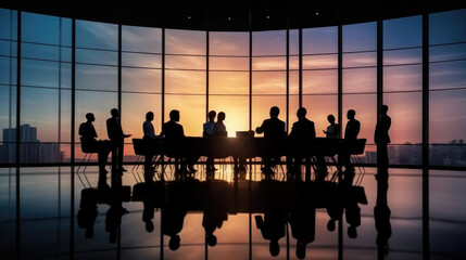 Silhouettes of group of business people against sunset comeliness