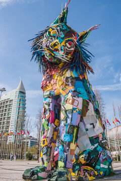 Lisbon PORTUGAL - 28 March 2023 - Parque das Na&ccedil;&otilde;es with giant Iberian lynx sculpture made of trash in public outdoor