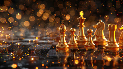 Business chess pieces chessboard concept with glittering lights