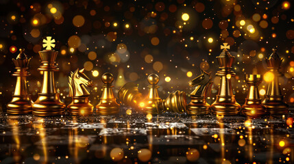 Business chess pieces chessboard concept with glittering lights