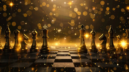 Business golden chess pieces, chessboard concept with glittering lights