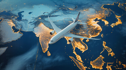 Commercial airplane flies over an illuminated global map at night - obrazy, fototapety, plakaty