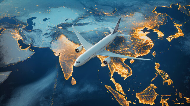 Commercial airplane flies over an illuminated global map at night