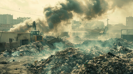 A huge garbage fire billows out smoke against the backdrop of an urban area - obrazy, fototapety, plakaty