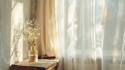 Window with curtain provides a cozy interior background